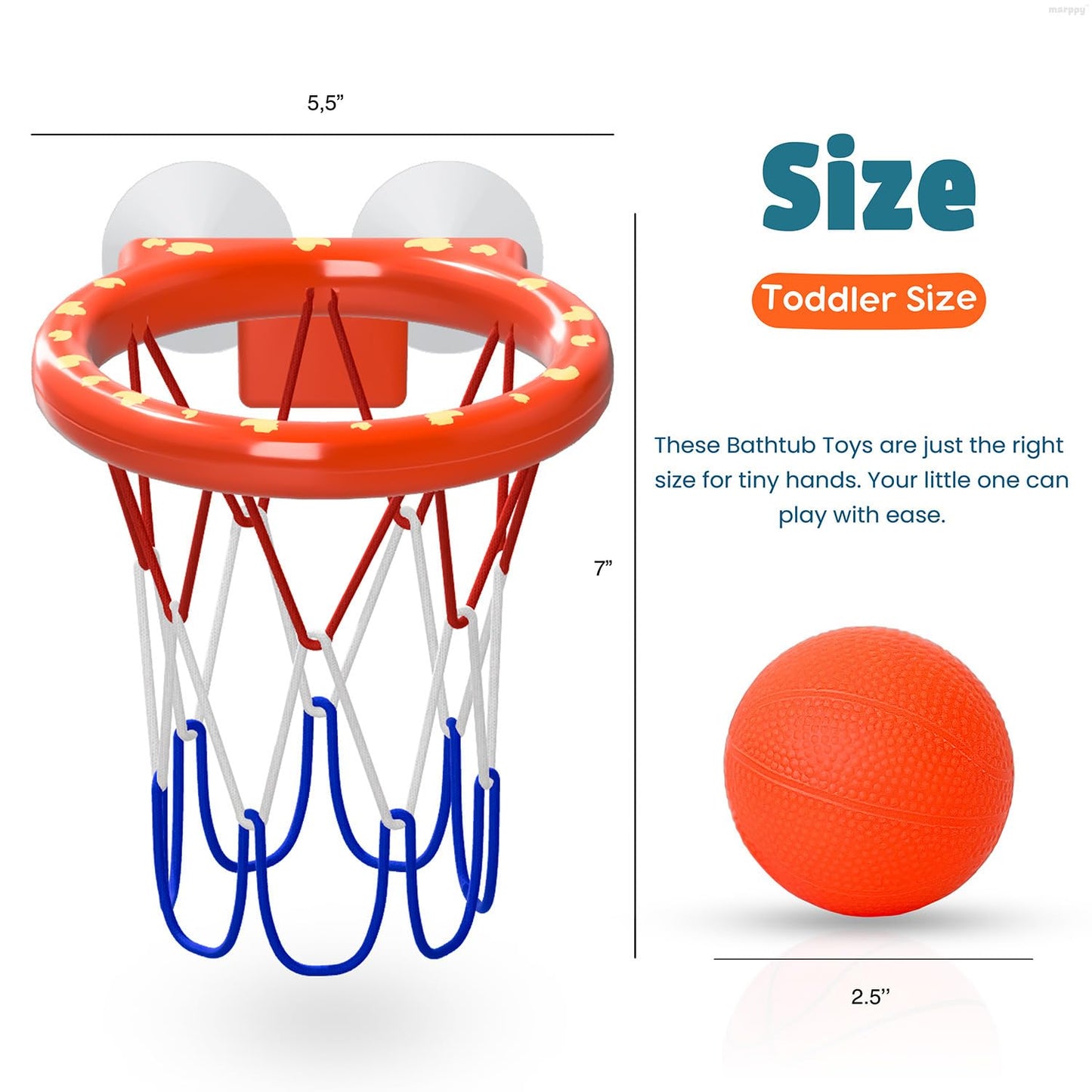 Bath Toys – Bathtub Basketball Hoop for Toddlers, Kids, Boys and Girls | 4 No-Hole Balls & Strong Suction Cups | Fun Basketball Bath Toy for Toddlers
