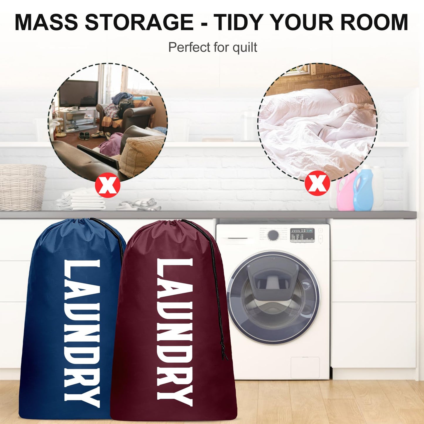 2 Pack Large Travel Laundry Bag, Dirty Clothes Travel Bag with Drawstring, Heavy Duty Laundry Bag for Dorm Camp Traveling, Fit a Laundry Hamper for Students College