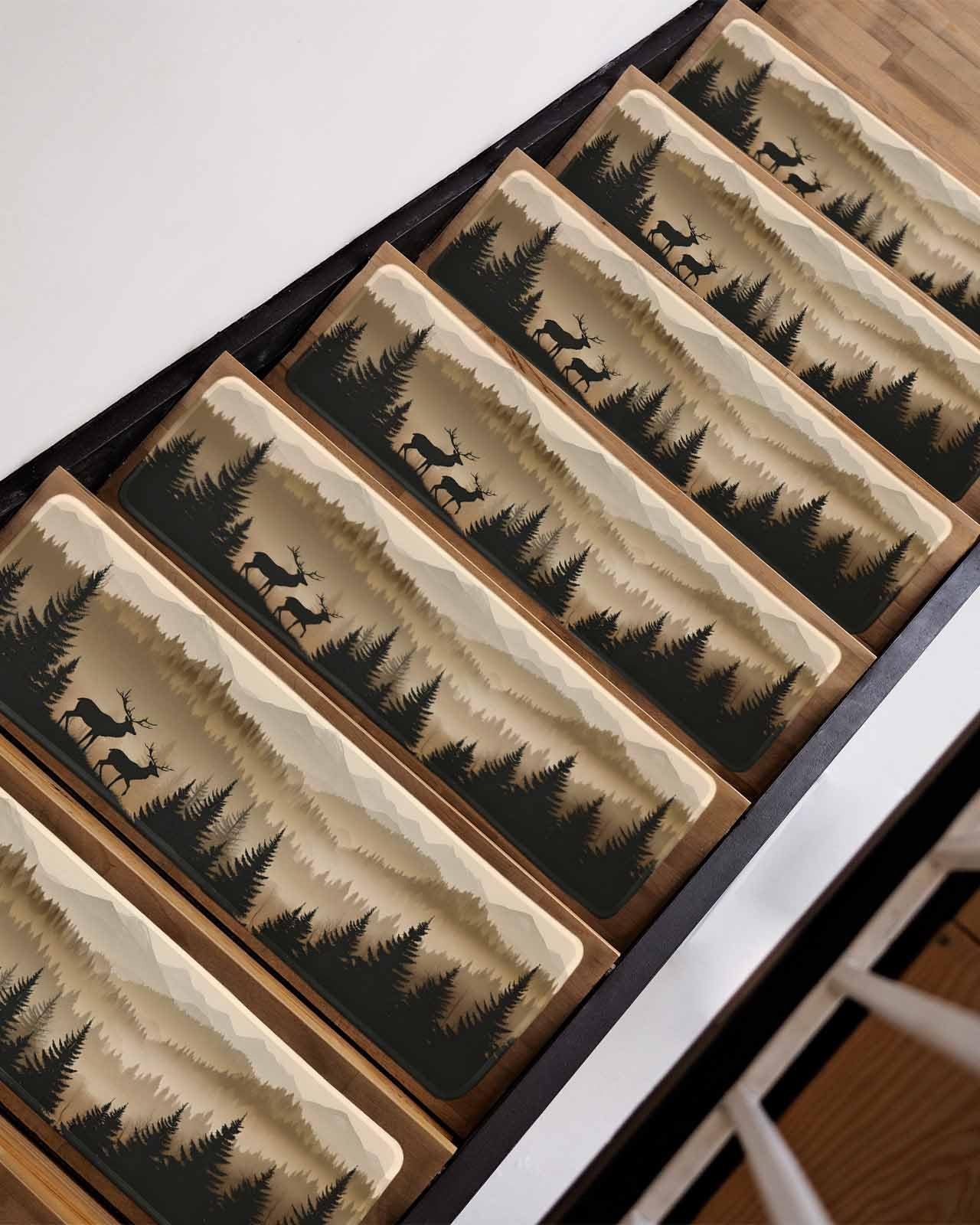 Black Forest Stair Treads for Wooden Steps Indoor Runner Rug Carpet, Deer Silhouettes Foggy Grey Pine Tree 10 Pieces Peel and Stick Staircase Step Treads Covers Washable Throw Door Mats 30"x8"