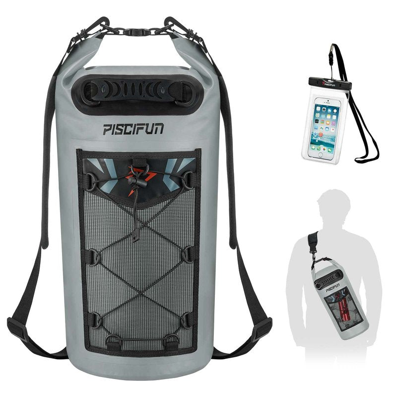 Piscifun Dry Bag, Waterproof Floating Backpack 10L with Waterproof Phone Case for Boating, Kayaking, Fishing, Grey 10L