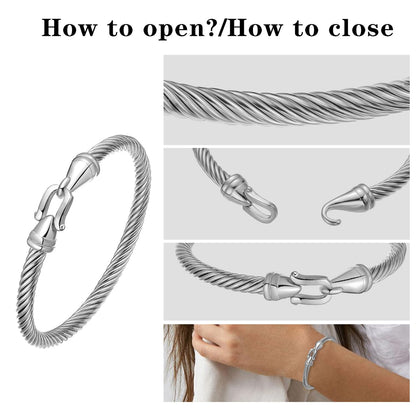BOLAGTIER Stainless Steel Twisted Cable Wire Bracelets with Hook Adjustable Cuff Bangle Bracelet Vintage Jewelry Gift for Women (Silver, Medium)