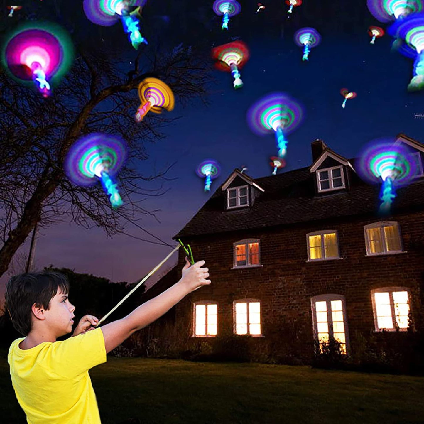 JX Rocket Slingshot Flying Toys with Led Lights,12Pcs LED Arrow Helicopters + 12Pcs Launchers,Summer Outdoor Game LED Slingshot Toy for Kids, Glow in The Dark Kids Party Supplies