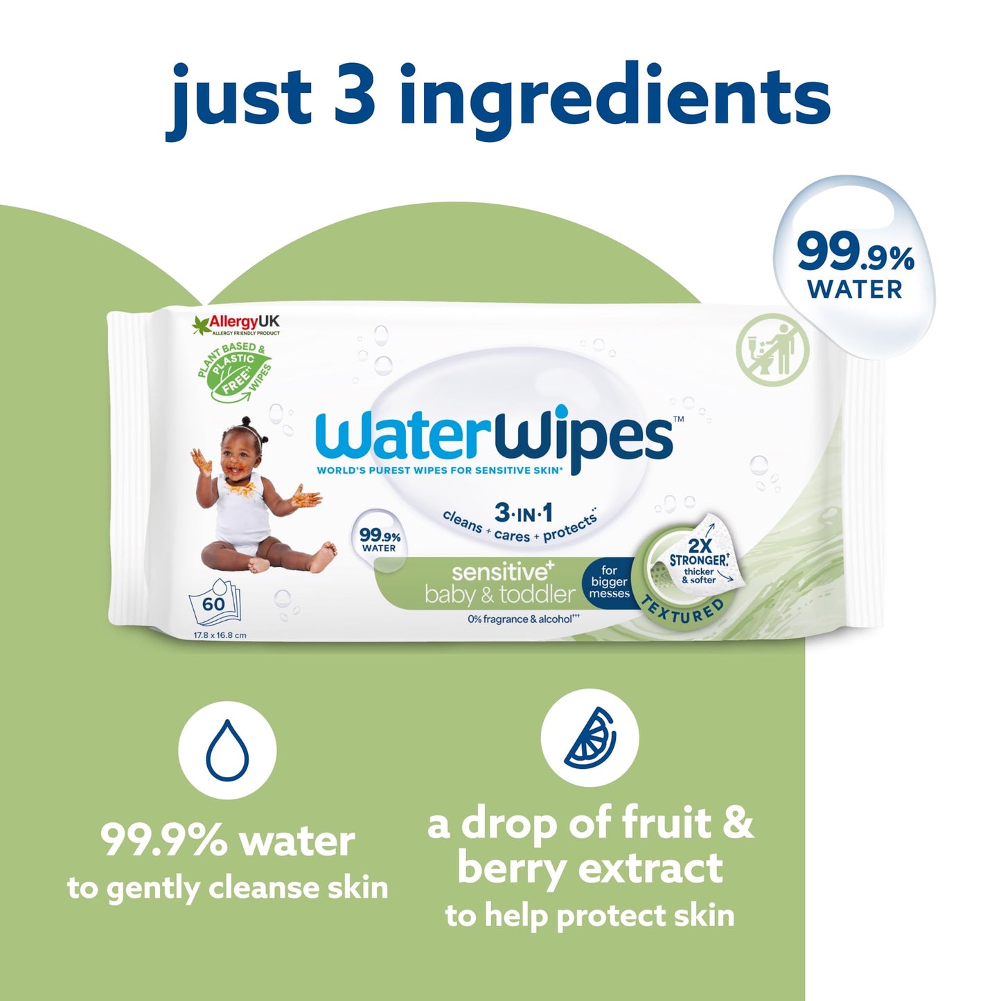 WaterWipes Sensitive+ Baby & Toddler Wipes, 720 Count (12 Packs), 3-In-1 Cleans, Cares, Protects, 99.9% Water, Textured Clean, Unscented