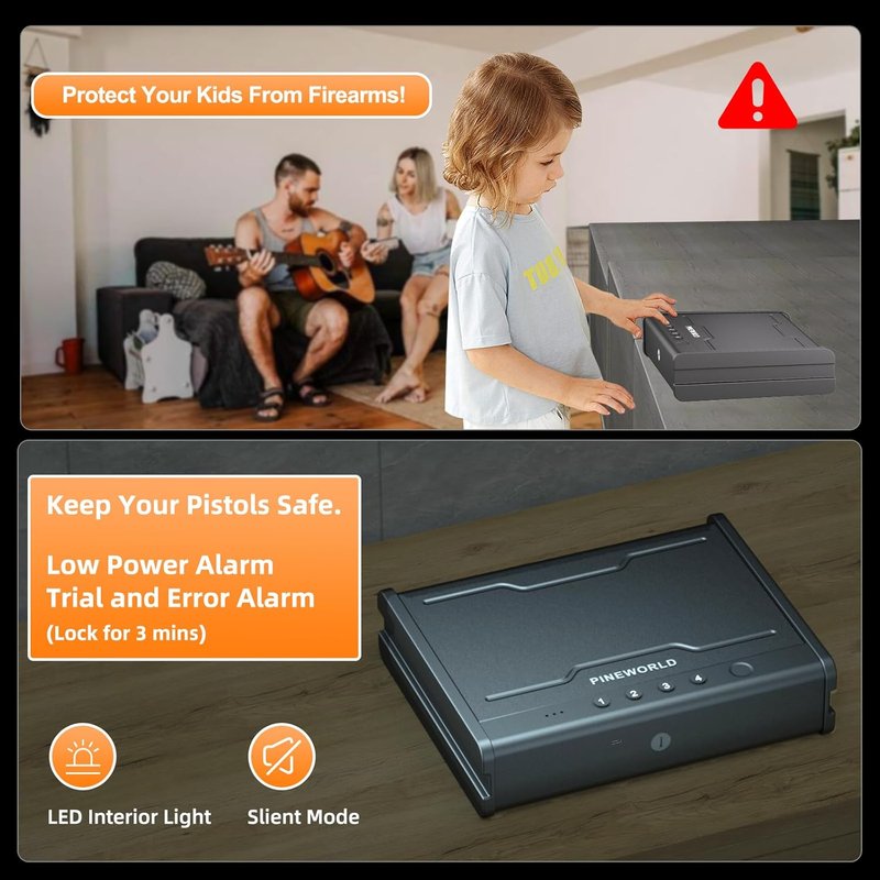 Biometric Gun Safe for Handgun - Quick Access Pistol Safe with Fingerprint & Voice Navigation | Interior Light, Mute Mode, Steel Cable Included