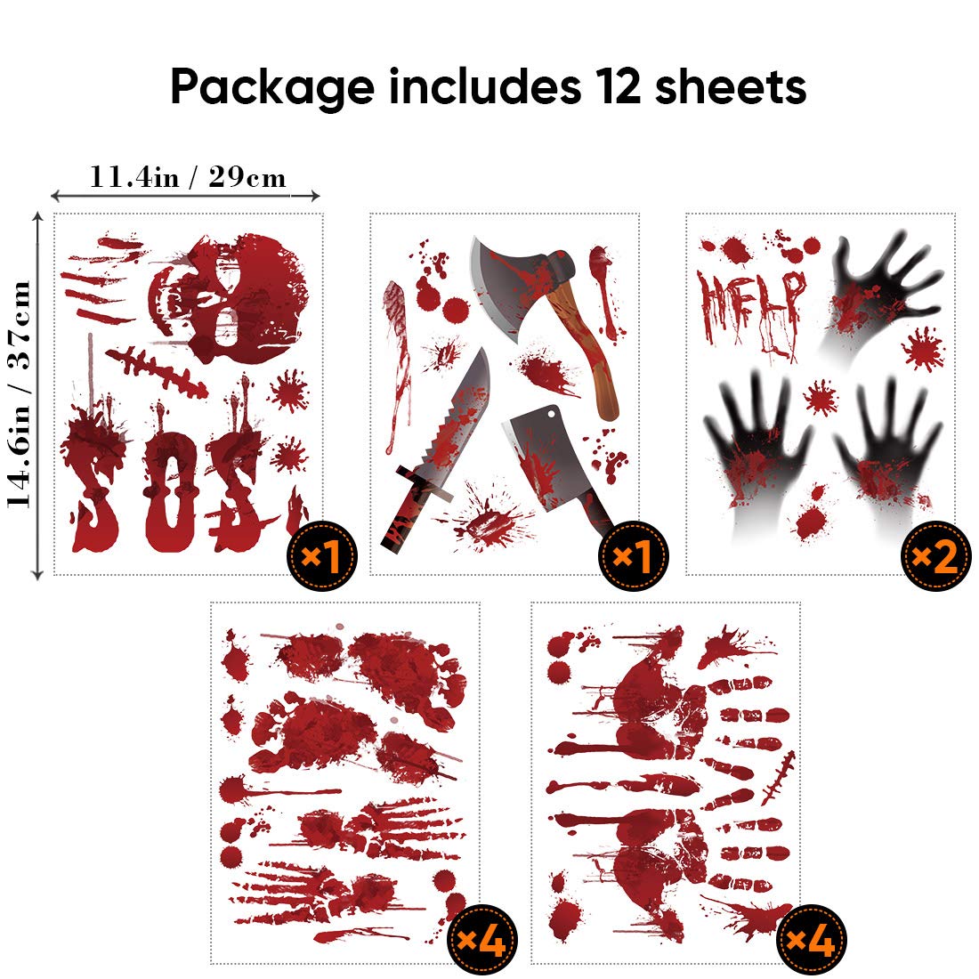 Tuzuaol 119 PCS Bloody Halloween Decorations Halloween Bloody Handprint Footprints Knife Stickers Window Wall Floor Clings Decals Horror Bathroom Zombie Party Decorations Supplies