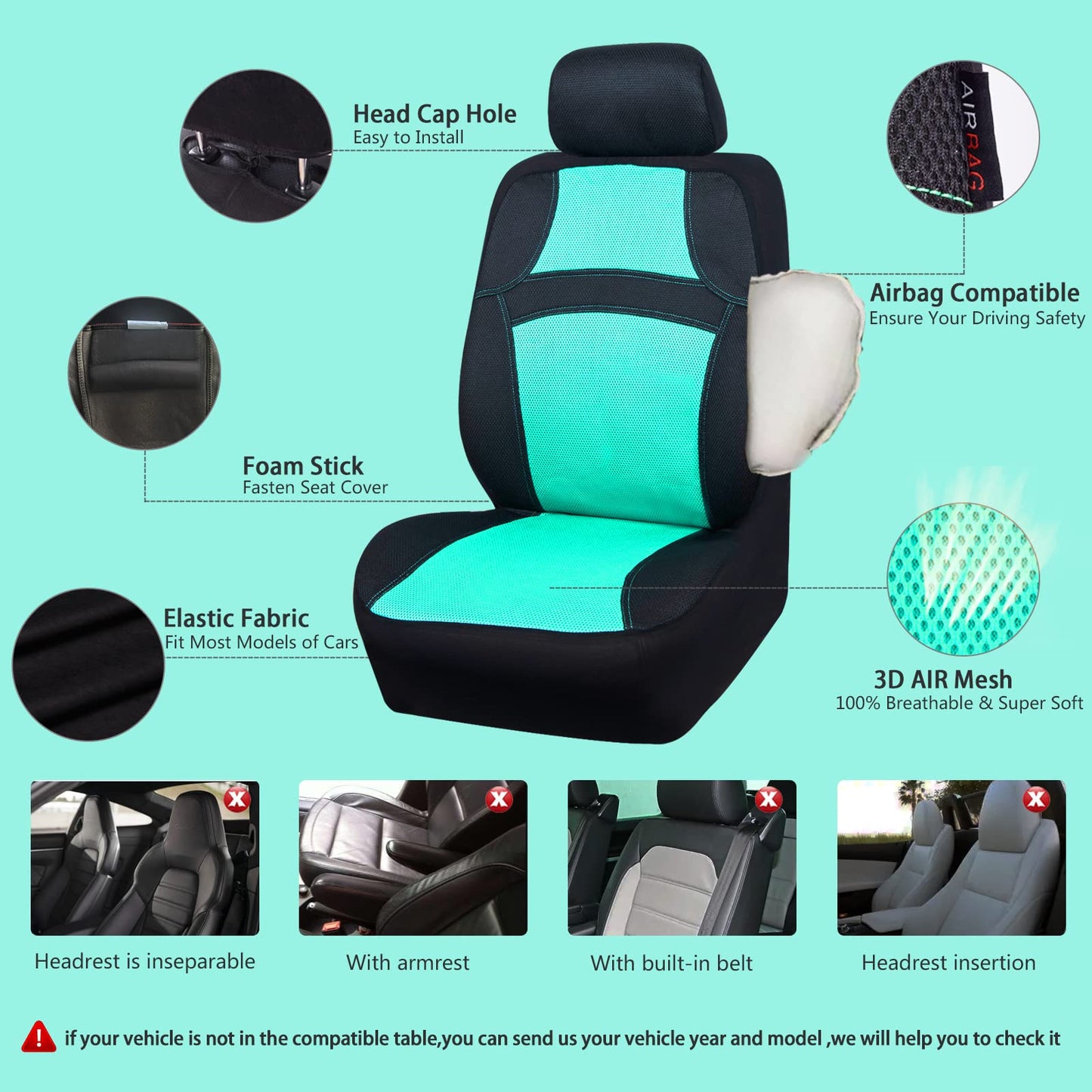CAR PASS 3D Air Mesh-100% Breathable Seat Covers Full Sets, Steering Wheel Cover,Belt Cover, Airbag Compatible for Automotive SUV Truck Black Mint