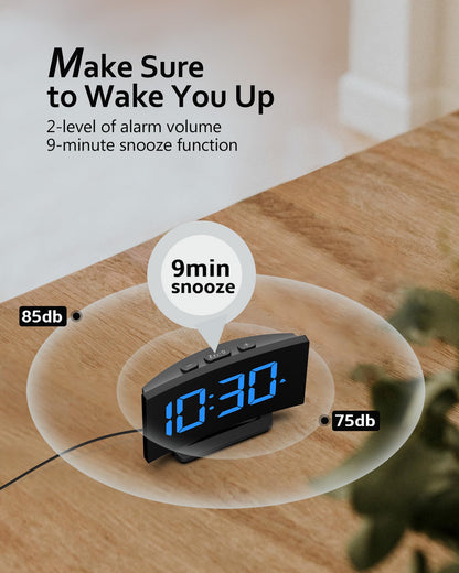 GOLOZA Digital Alarm Clock for Bedrooms with Modern Curved Design, Conspicuous Blue LED Numbers, 6 Levels Brightness, 2 Volume, 3 Alarm Tones, Snooze, Power-Off Memory, 12/24H, Bedside Clock