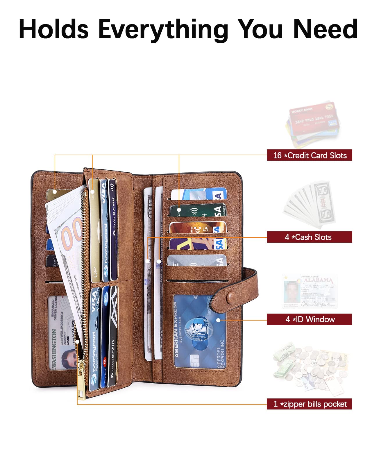 BOSTANTEN Womens Leather Wallets RFID Blocking Large Capacity Trifold Card Holder Ladies Phone Clutch Grey Brown