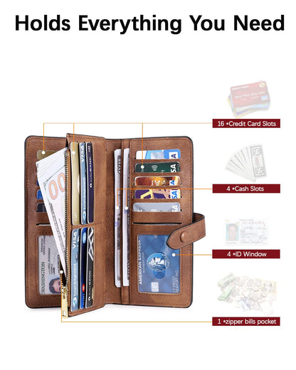 BOSTANTEN Womens Leather Wallets RFID Blocking Large Capacity Trifold Card Holder Ladies Phone Clutch Grey Brown