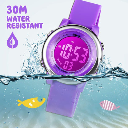 boys and Girls Digital Watch - Kids Sports Waterproof Electrical Outdoor Stopwatch Alarm 7 Color LED Luminescent Watches for Youth Girl - Purple