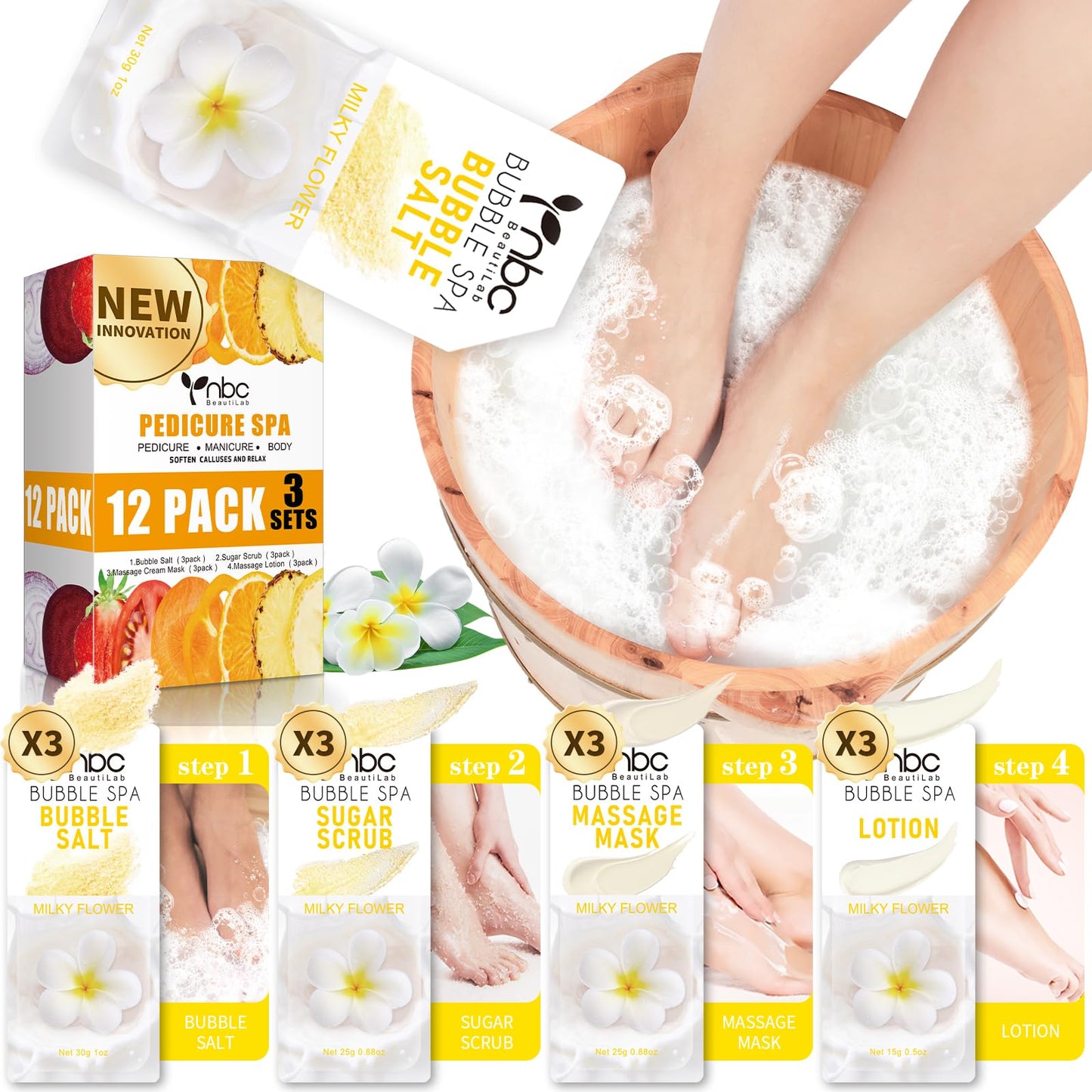Pedicure Kit Foot Soak Set: Bubble Salt, Sugar Scrub, Massage Mask, Massage Lotion in a Box, 4 Step Foot Spa Kit for Dry Feet,Tired Feet（3 Set Tropical Fruit)