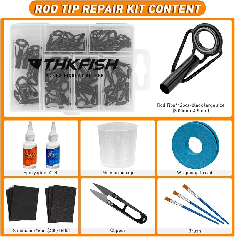 THKFISH Fishing Rod Tip Repair Kit - 42pcs with Glue, Stainless Steel & Ceramic Guide Tips | 6 Sizes Available