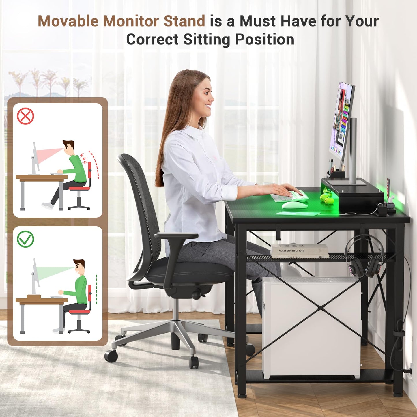 armocity Computer Desk with LED Lights, 48 Inch Reversible Large Desk with Power Outlet and USB, 48'' Gaming PC Table with Moveable Monitor Stand for Home Office, Workstation, Black