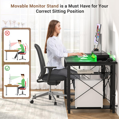 armocity Computer Desk with LED Lights, 48 Inch Reversible Large Desk with Power Outlet and USB, 48'' Gaming PC Table with Moveable Monitor Stand for Home Office, Workstation, Black