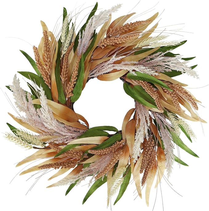 20" Fall Wreaths for Front Door with Green Brown Foliage Grain Ear Wheat and Pampas Grass – Boho Thanksgiving Harvest Wreath, Front Door Porch Decor.