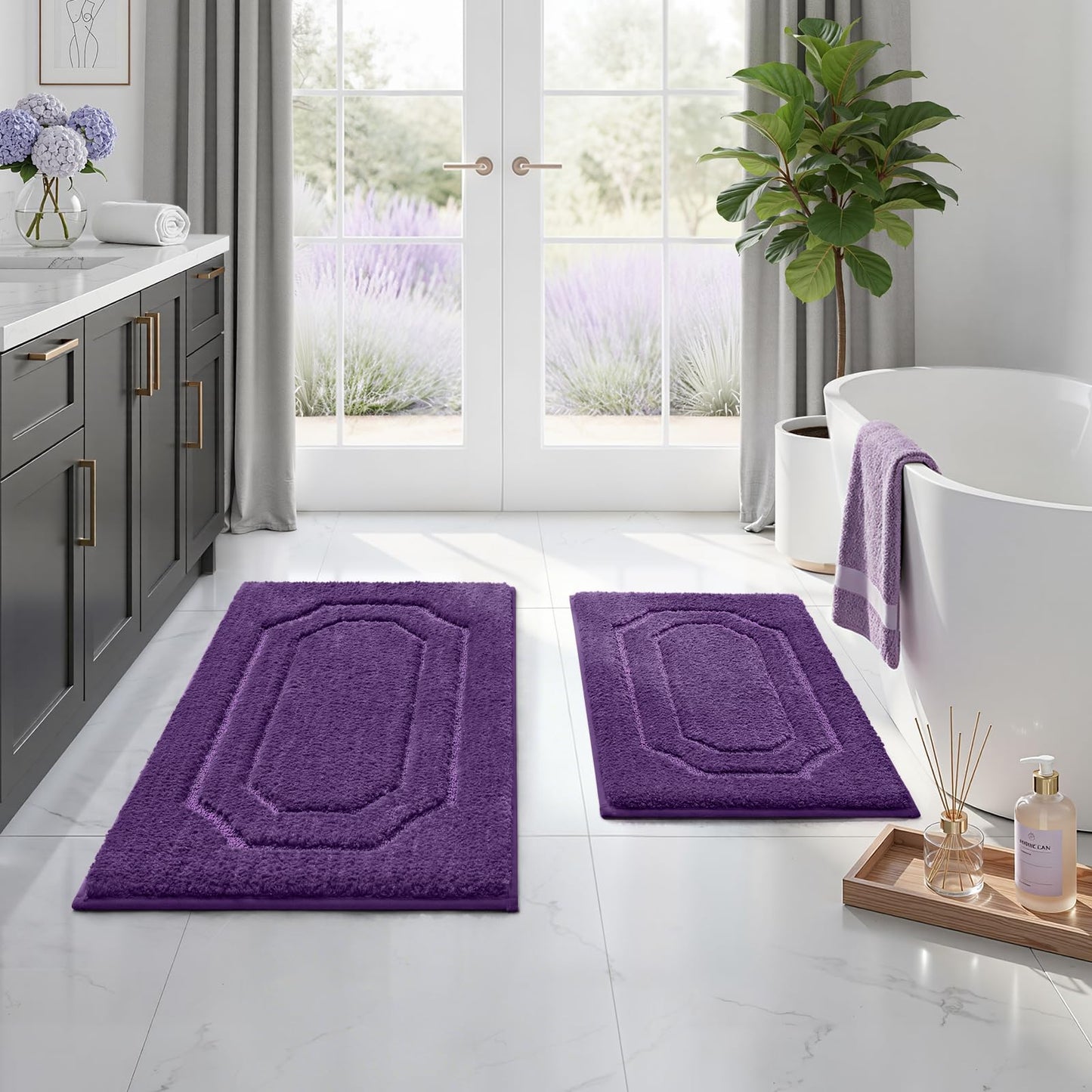 HOMEIDEAS Bathroom Rugs Sets 2 Piece, Extra Soft and Absorbent Microfiber Plush Bath Mat with Non Slip Backing(Purple)