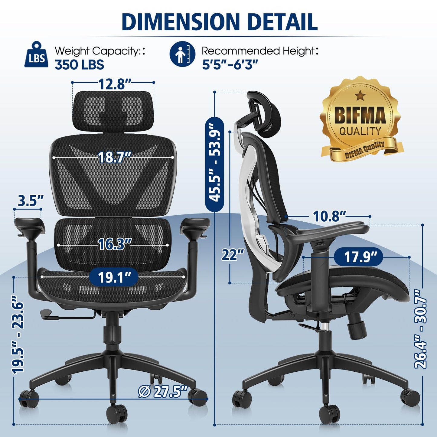 GABRYLLY Ergonomic Office Chair, Big and Tall Mesh Chair with Lumbar Support, 3D armrest - 215° Rotation, Adjustable Headrest & Soft Seat, Durable Computer Chair 350LBS for Work Gaming