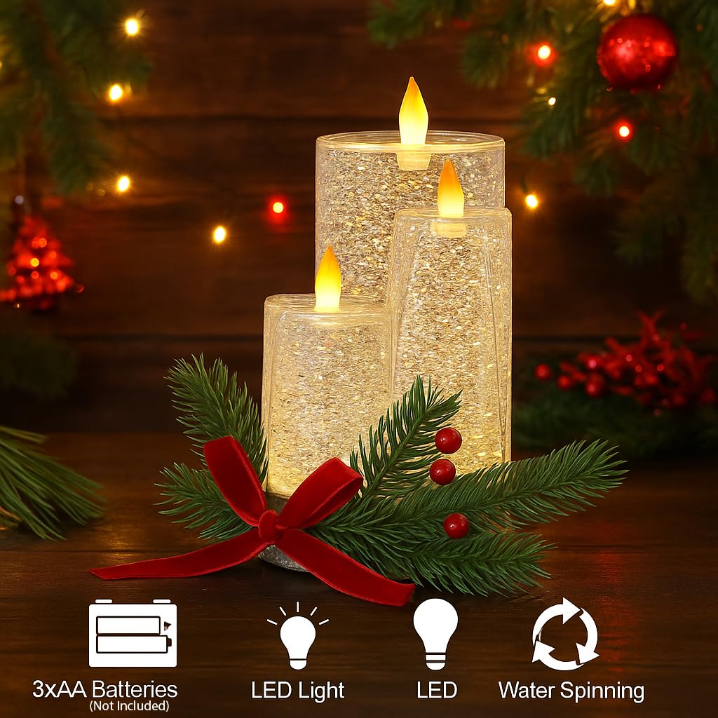 Christmas Tabletop Snow Globe Candle Water Spinning LED Lighted Acrylic Candle Décor Battery Operated Christmas Decoration (6.8" H x 4.8" W x 4.8" D) by Moments in Time