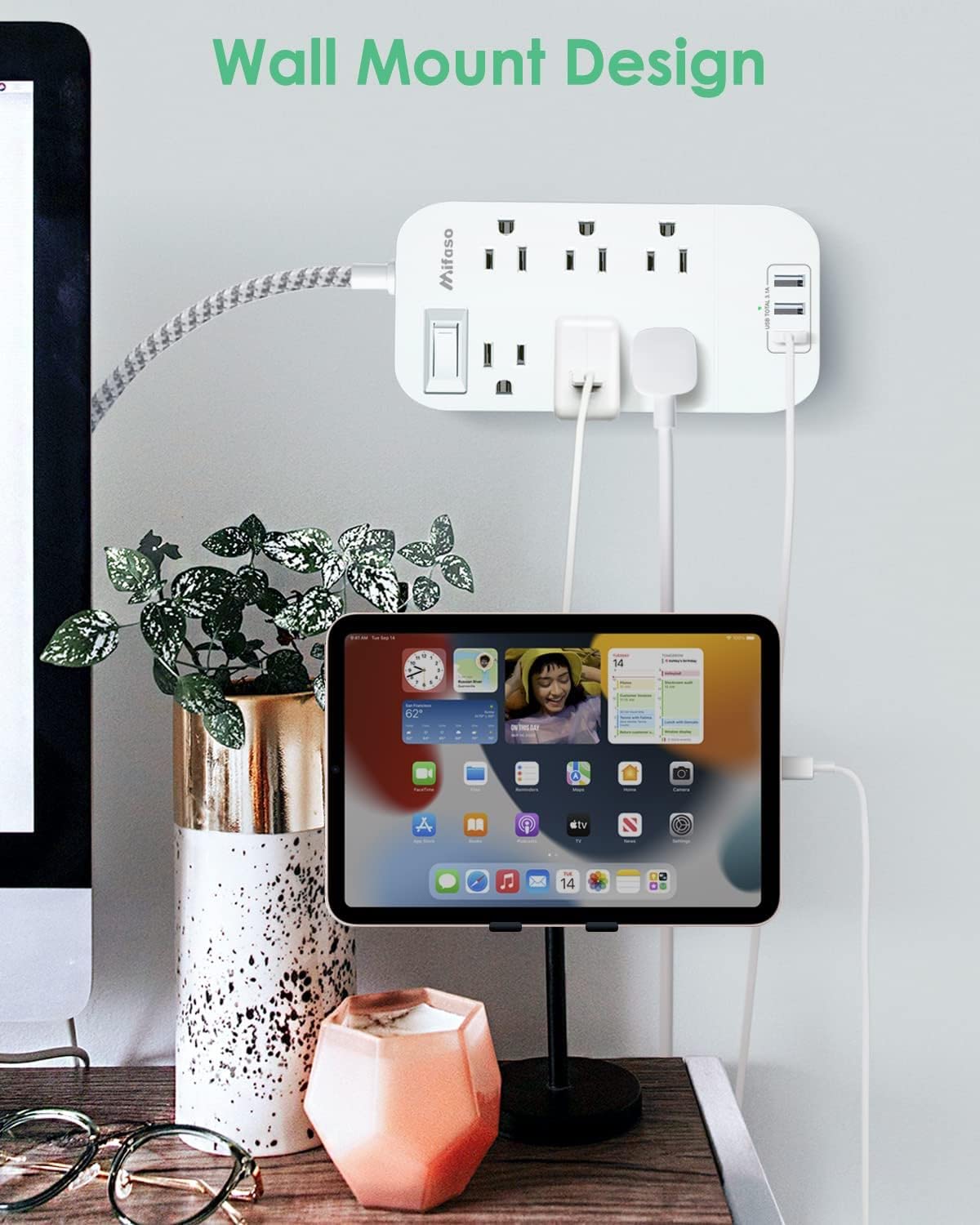 Power Strip - 10 FT Long Flat Plug Extension Cord, 6 Outlets 2 USB A 2 USB C Ports Outlet Extender with Overload Protection, Wall Mount, Desktop Charging Station for Home, Office and Dorm Essential