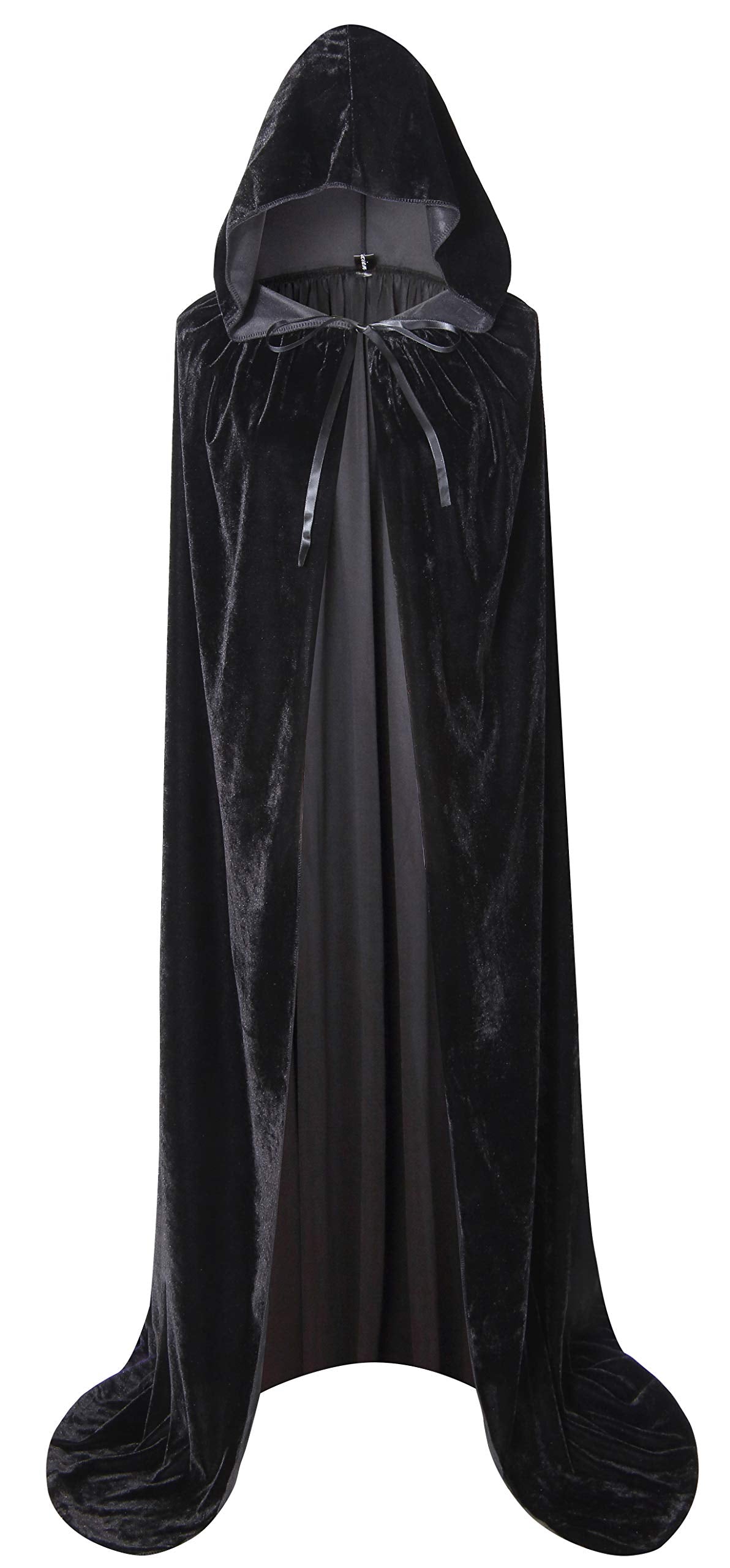 BIGXIAN Long Hooded Cloak Velvet Cape Witch Costume Halloween Costumes for Women Men (Black, Medium)
