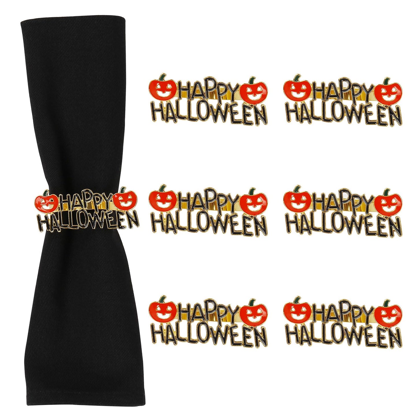Getfitsoo Halloween Napkin Rings Set of 6, Happy Words With Orange Pumpkin Holders, Gold Metal Buckles for Party Decorations, Home Kitchen Dinner Table Setting