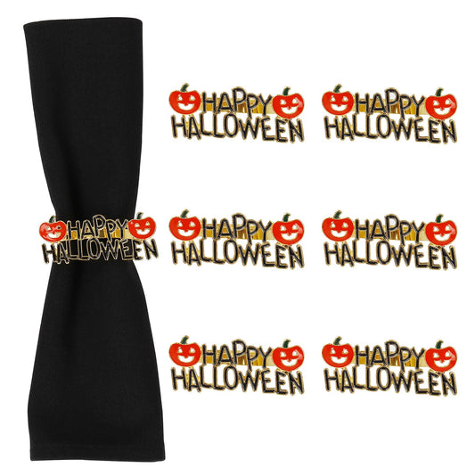 Getfitsoo Halloween Napkin Rings Set of 6, Happy Words With Orange Pumpkin Holders, Gold Metal Buckles for Party Decorations, Home Kitchen Dinner Table Setting