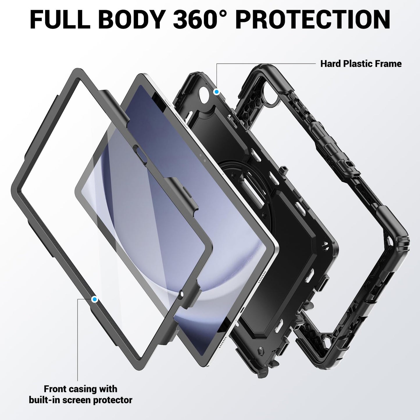 SEYMAC Case for Samsung Galaxy Tab A9 Plus 11 inch 2023, Shockproof Protective Galaxy A9 Plus Tablet Case With Screen Protector/Hand Strap/Rotating Stand,SM-X210/SM-X216/SM-X218 Case, Black