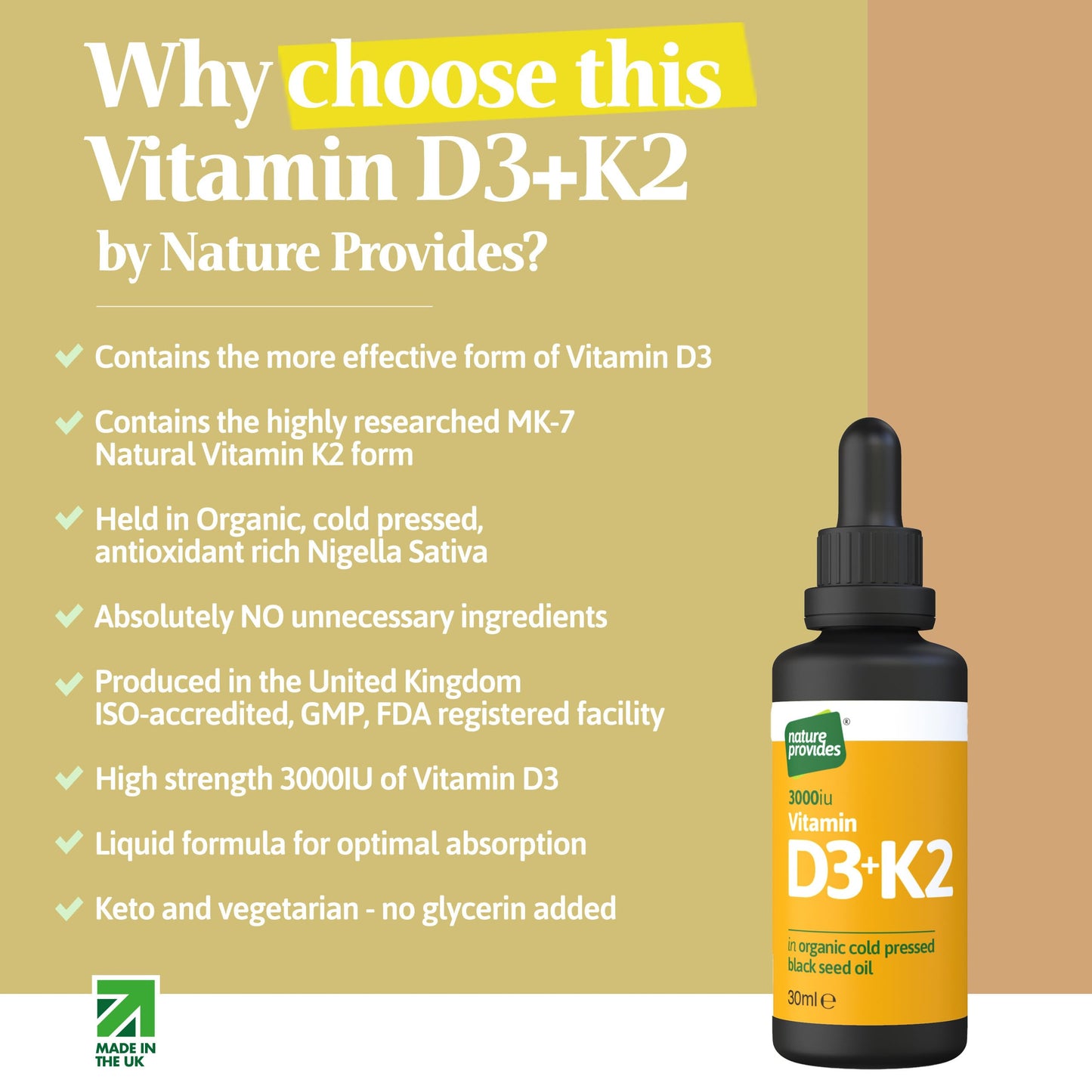 Vitamin D3 & K2 (MK-7) in Organic Black Seed Oil/Nigella Sativa (30ml) - High Strength Liquid (3000IU), 100% Trans MK-7, Immune, Bone Support, Heart Health, Sublingual, Made in UK by Nature Provides