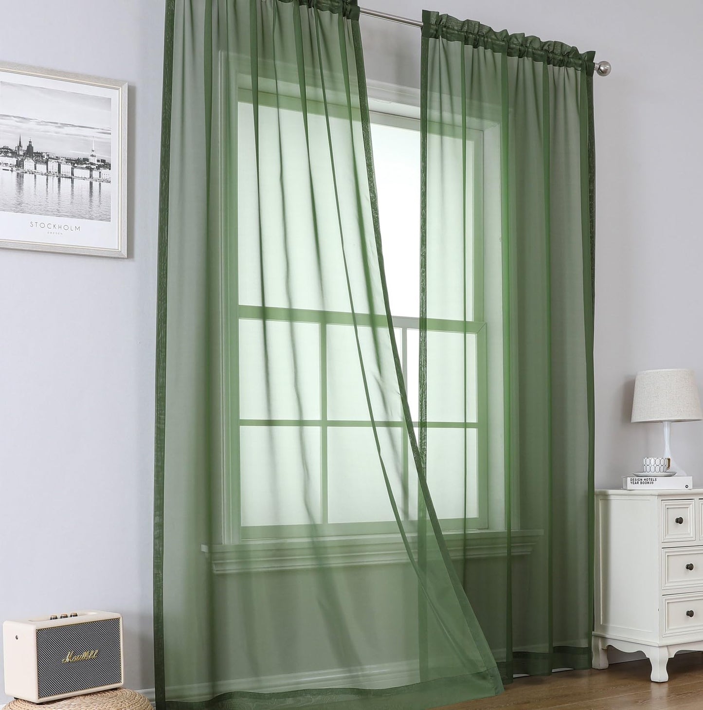 Airwill Short Sage Green Cafe Curtains - 36 Inch Tier Rod Pocket Sheers for Bathroom & Small Windows, 2 Panels
