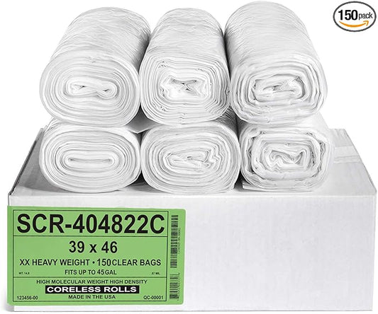 Aluf Plastics 45 Gallon 22 Micron Premium Clear Trash Bags