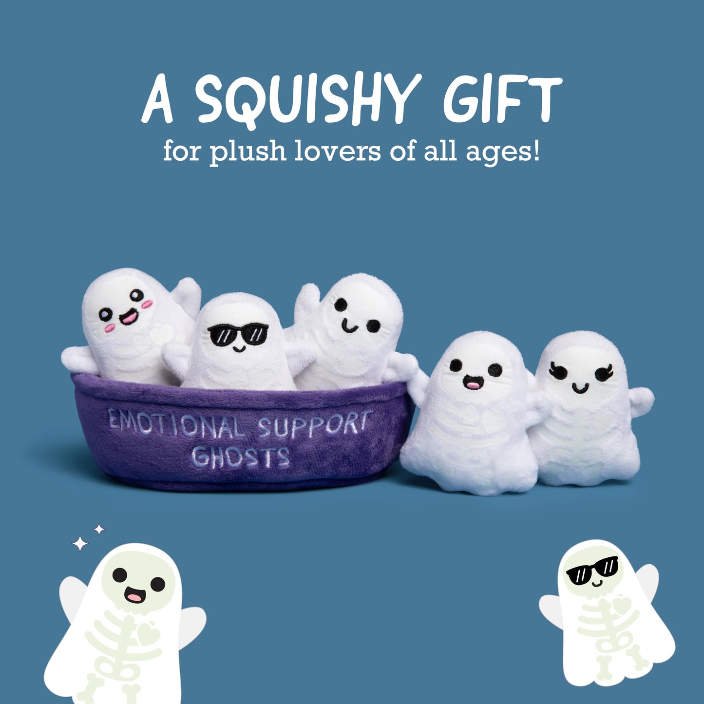 WHAT DO YOU MEME? Emotional Support Ghosts by Relatable, Cuddly Stuffed Animals, Plushies, and Cute Stuff, Great Gift Ideas for Loved Ones of All Ages, Includes 5 Plushies with Carrying Basket