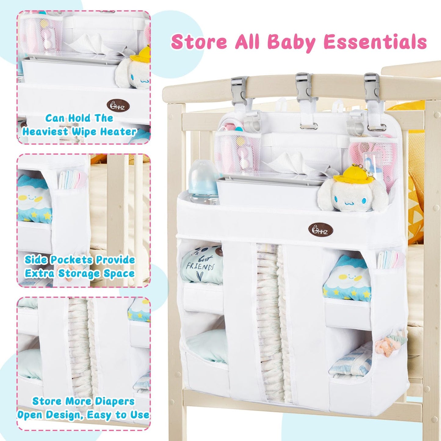 HHZ XL Hanging Diaper Caddy Organizer –Sturdy and Durable Baby Organizer – Diaper Stacker for Changing Table, Crib, Playard or Wall & Nursery Organization （White）