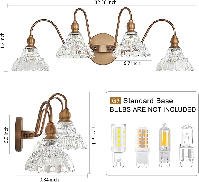 Vintage 4-Light Brass Bathroom Vanity Light Fixtures, Wall Sconces Vanity Lighting Fixture for Bedroom Bathroom Dressing Room Living Room