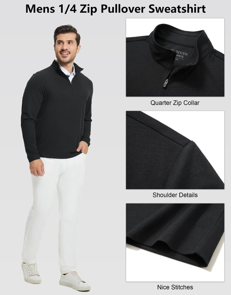 Rouen Mens Quarter Zip Pullover Performance Solid Casual Golf Long Sleeve Half Zip Pullover Sweatshirts for Men Black