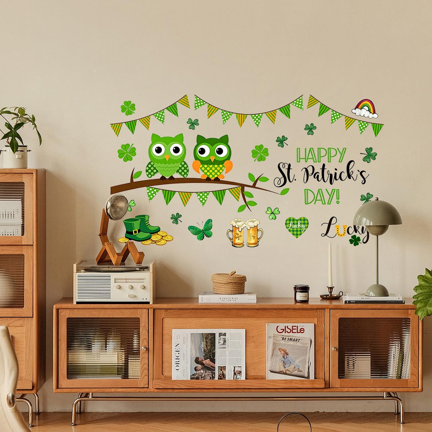 FOREVER QUEEN St. Patrick's Home Party Wall Decals -Shamrock Lucky Owl Stickers,Peel and Stick Removable Wall Art for Family Party Decor