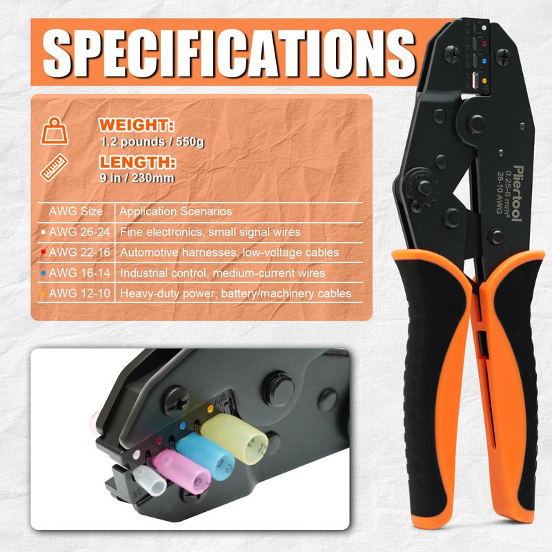 Pliertool Crimping Tool for Heat Shrink Connectors-AWG 26-10, Ratcheting Wire Terminal Crimper Crimping Pliers Available for Insulated Nylon Connectors and Wire Terminal