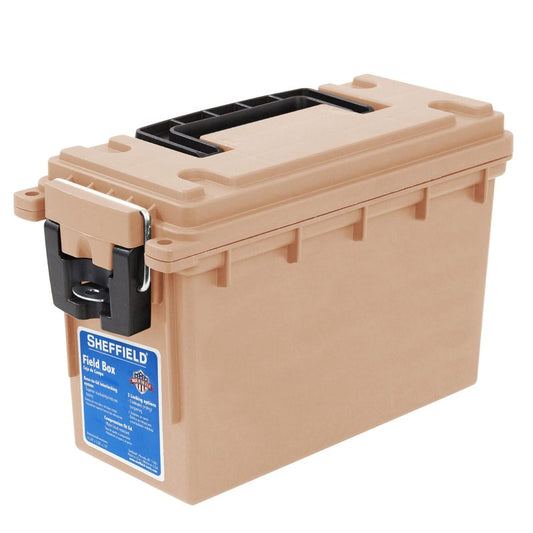 Sheffield 12627 Ammo Storage Box, Stackable .30 Cal Field Boxes, Water and Dust Resistant, Lockable Storage Box with Handle, Secures Hunting Gear, Supplies, and Bullets, Made in USA, Tan, 1-Pack