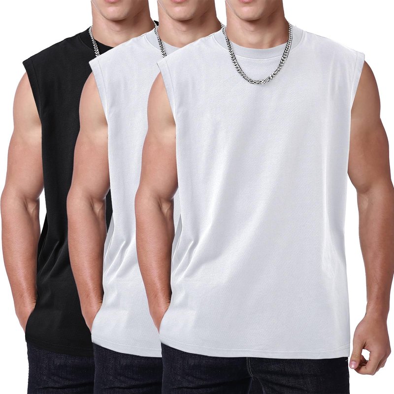 SnowElve 3 Pack Mens Workout Tank Tops Sleeveless Tee Shirts Men Muscle Shirt Gym Cotton T Shirts Running Beach Loose Fit Tee（XZG,BKWTWT,S