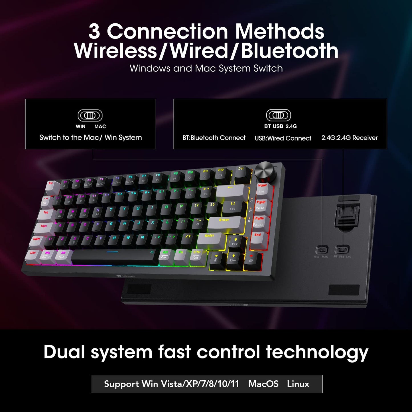 KOORUI Gaming Keyboards, 26 RGB Backlit Mechanical Keyboard Wireless/Wired Compatible Bluetooth 82 Keys Rechargeable 4000mAh Battery UK Layout with Red Switch Gamer Keyboards for Windows MacOS Linux