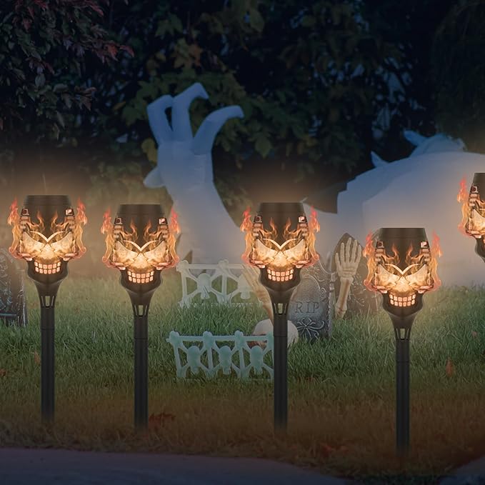 Solar Halloween Decorations Outdoor, 8 Pack Spooky Skulls Solar Torch Flame Lights, Waterproof Pathway Halloween Lights for Garden, Yard, Lawn, Porch, Landscape Decor, Orange