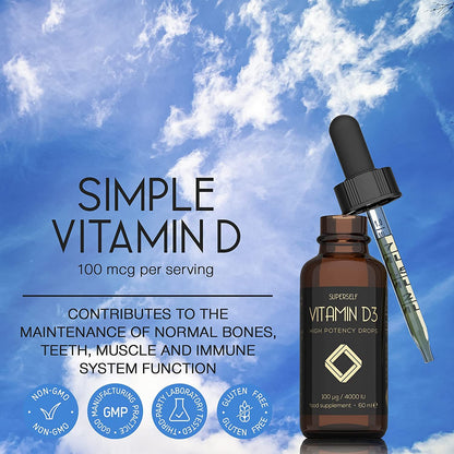 Vitamin D Drops - Vitamin D3 4000 IU Liquid for Adults - 60ml 1200 Drops - High Strength & Absorption Supplement for Strong Bones, Teeth, Immune System - Vit D 1000IU per 1 Drop - UK Made & Vegetarian