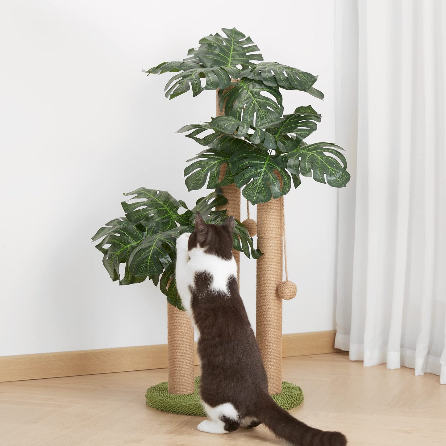 31.5Inch Cat Scratching Post,Cat Scratcher Tree with 3 Scratching Poles & 2 Interactive Dangling Balls,Cats Scratching Posts for Indoor Kitten & Adult Cats (Monstera tree)