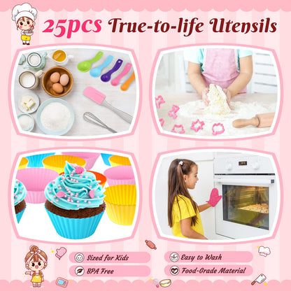 GIFTINBOX Kids Cooking and Baking Chef Set, 25PCS with Kids Apron,Chef Hat & Utensils Kids Cooking Set, Toddler Dress Up and Pretend Play Kitchen Toys, Birthday Toys for 3 4 5 6 7 8 Year Old Girls