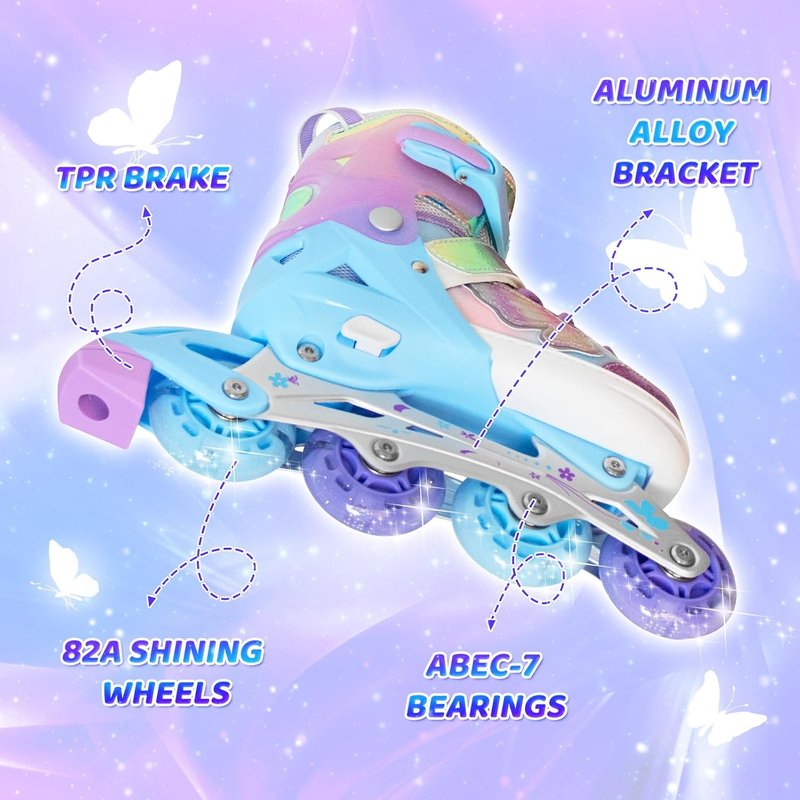 Inline Skates for Girls - Adjustable 4 Size Butterfly Roller Skates with Flashing Wheels | Indoor & Outdoor Use