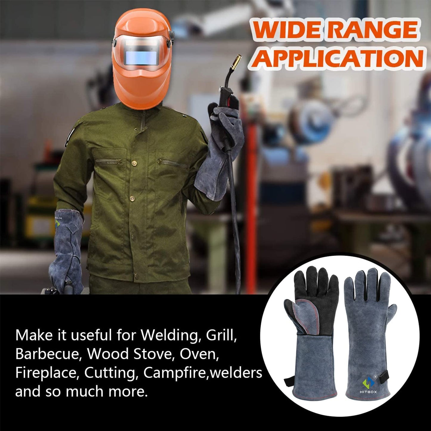 HITBOX Extreme Heat & Fire Resistant Gloves with Kevlar Stitching 16 ‘’ 932℉ Leather Fire Gloves for Arc Tig Mig Wood Stove Oven BBQ Grill Pot Holder Barking Animal Handling – Free Size for Men Women