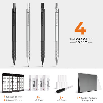 Four Candies 4PCS Metal Mechanical Pencils Set with Case, 0.5mm & 0.7 mm Artist Pencil with 8 Tubes (480PCS) HB Lead Refills, 3 Erasers,9 Eraser Refills For Writing Drafting, Drawing, Black&Silver