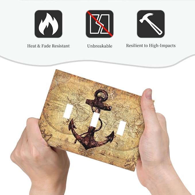 Anchor Nautical Vintage Map 3 Gang Light Switch Covers Triple Toggle Wall Plate Decorative Switchplate Electrical Faceplate for Office Livingroom Home Decor