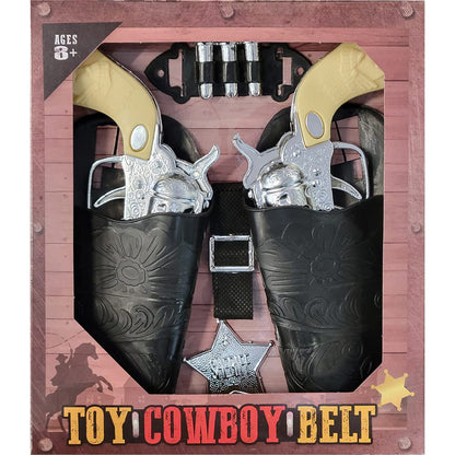 The Dreidel Company Kids Cowboy Toy Gun Holster & Belt 9 Piece Set. 2 Toy Pistols, 1 Sheriff Badge, 2 Gun Holsters & 3 Play Bullets, 1 Old Western Action Belt for Sheriff - Adjustable for Halloween