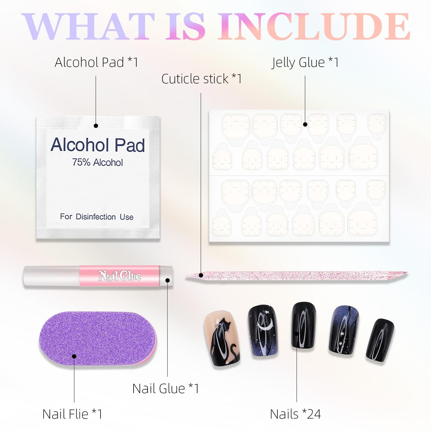 Halloween Press on Nails Square Fake Nails Acrylic Nails Kit with Black Cat Pattern Design Full Cover Artificial False Nails Medium Glue on Nails for Women Girls 24Pcs