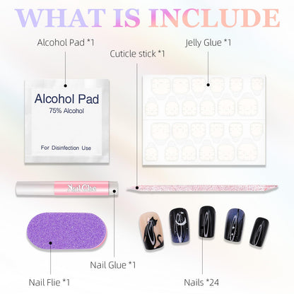 Halloween Press on Nails Square Fake Nails Acrylic Nails Kit with Black Cat Pattern Design Full Cover Artificial False Nails Medium Glue on Nails for Women Girls 24Pcs